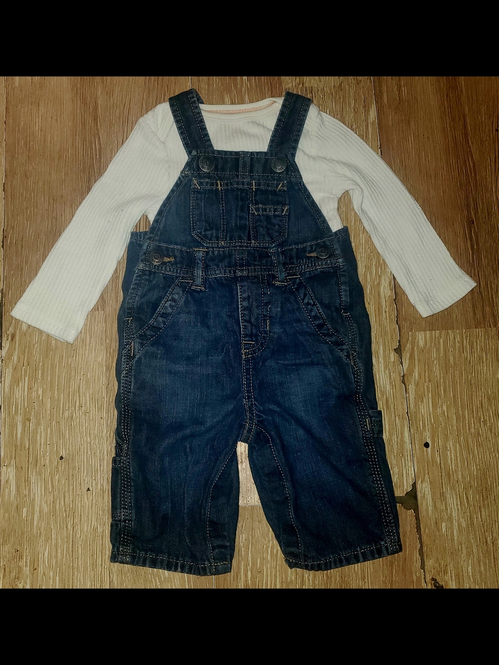 GAP Baby Dark Blue Denim Overalls with White Ribbed Knit Shirt
